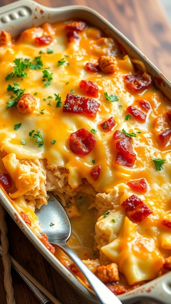 Cheesy chicken casserole with shredded chicken and pasta, topped with melted cheese, served in a rustic dish.